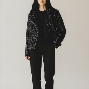 Maeve by Anthropologie NWT Black Sequin Moto bomber jacket